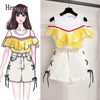 

plus size 2 piece set women summer Korean plaid off shoulder crop top and biker shorts sets for women clothes ensemble femme