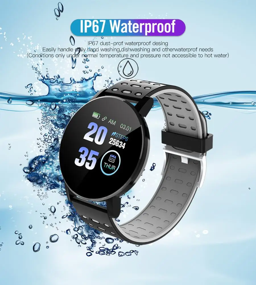 119Plus Touch Screen Smart Watch Waterproof Sport Fitness Tracker Men Women Blood Pressure Heart Rate Monitor For Android IOS