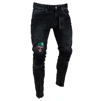 

Europe and The United States New Jeans Men's Hot Knee Hole Zipper Zipper Explosion Models Denim Trousers Hip Hop Pencil Pants