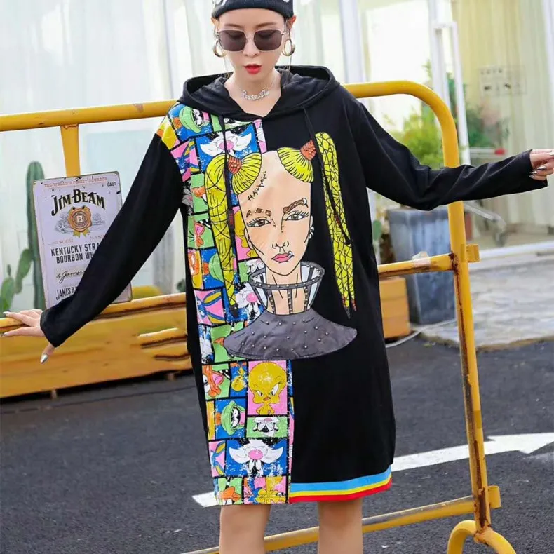 

Popular Brand WOMEN'S Dress 2019 Spring Fashion And Personality Loose-Fit Joint Hip Hop Long-sleeved Pullover Hooded Dress