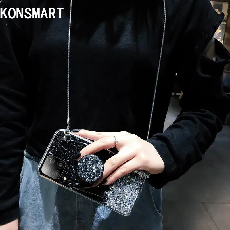 

KONSMART For Huawei P40 Lite Case Luxury Lanyard Glitter Star Soft Phone Case P40 lite 4G 6.4" Clear Silicone Stand Back Cover