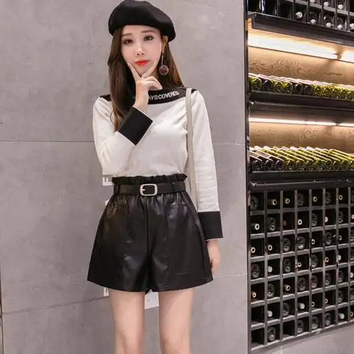Весна, Новое поступление, кожаные шорты с высокой талией, свободные, широкие, женские шорты с эластичной талией DC515