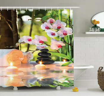 

Spa Decor Composition Spa With Candles Orchids And Stones In Fabric Picture Pattern Shower Bathroom Curtain Garden Polyester