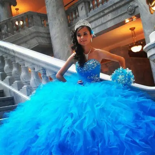 Ʈ 16 巹  Quinceanera  巹 Vestido de Debutantes 15 Anos Blue Rhinestones Ruffles Debutante Gowns