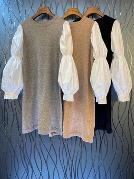 

2020 Early Autumn New Women's round Neck Sleeves Lotus Root Knot Color Matching Stitching Long-Sleeved Dress 817