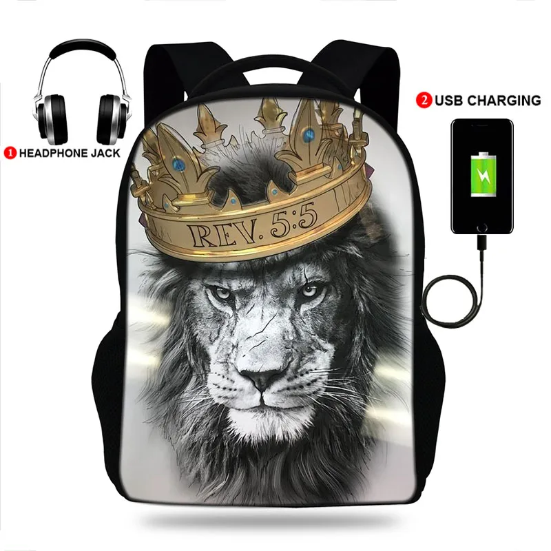 

17inch High Quality King Lion Print USB Charge School Bags Students School Rucksack For Teenager Boys&Girls Backpack Gifts