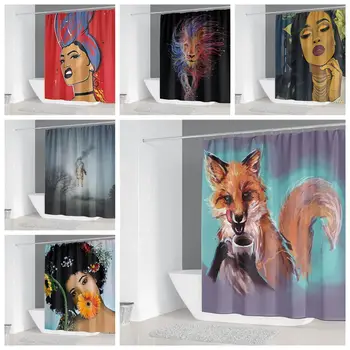 

2020 Hot sale 3D Fox And Beautiful Woman Print Bathroom Decor Waterproof Shower Curtain 150*180&180*180