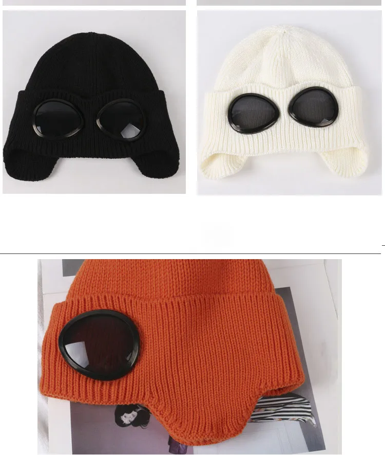 Fashion Cool Cashmere Knitted Hat With Sunglasses Female Winter Sports Cap Protect Neck Warm Outdoor Skiing Cap