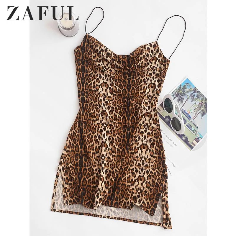 Женское платье с леопардовым принтом ZAFUL расклешенное на бретельках высокой