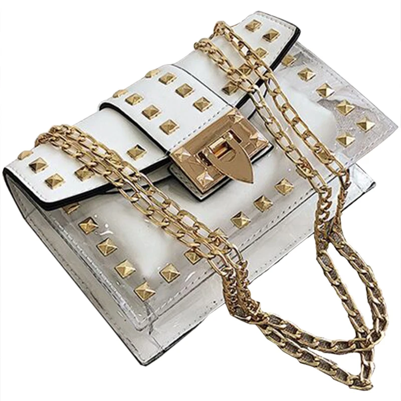 

ABZC-Small Clear Designer Woman New Fashion Messenger Bag Chains Shoulder Bag Female Rivets Transparent Square Pu Handbag(White)
