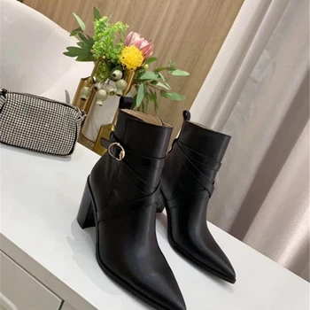 

Thick High Heels Short Boots Women Pointed Toe Sexy Ankle Boots Genuine Leather Fashion Designer Gladiator Shoes Women New 2020