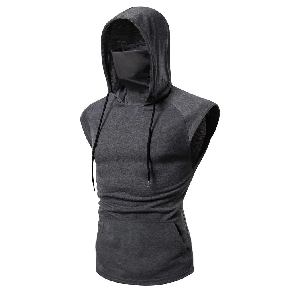 Camiseta sin mangas con capucha muscular para hombre, chaleco de entrenamiento para gimnasio, culturismo, uniforme Ninja, cubierta facial, camisetas de dos piezas
