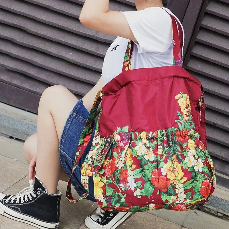 

Drawstring beam pocket flower cloth bag grocery shopping bag large capacity waterproof backpack female