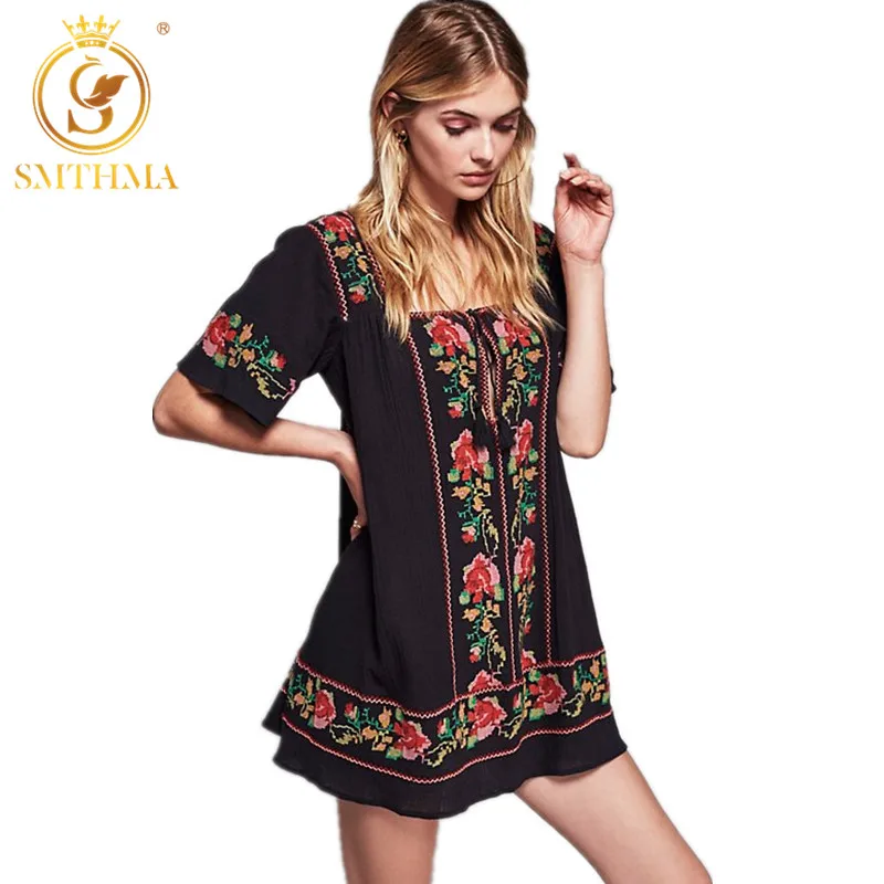 SMTHMA 2021 Womens New Summer Dresses Black Luxury Embroidery High Quality Fashion Runway Ethnic Wind | Женская одежда