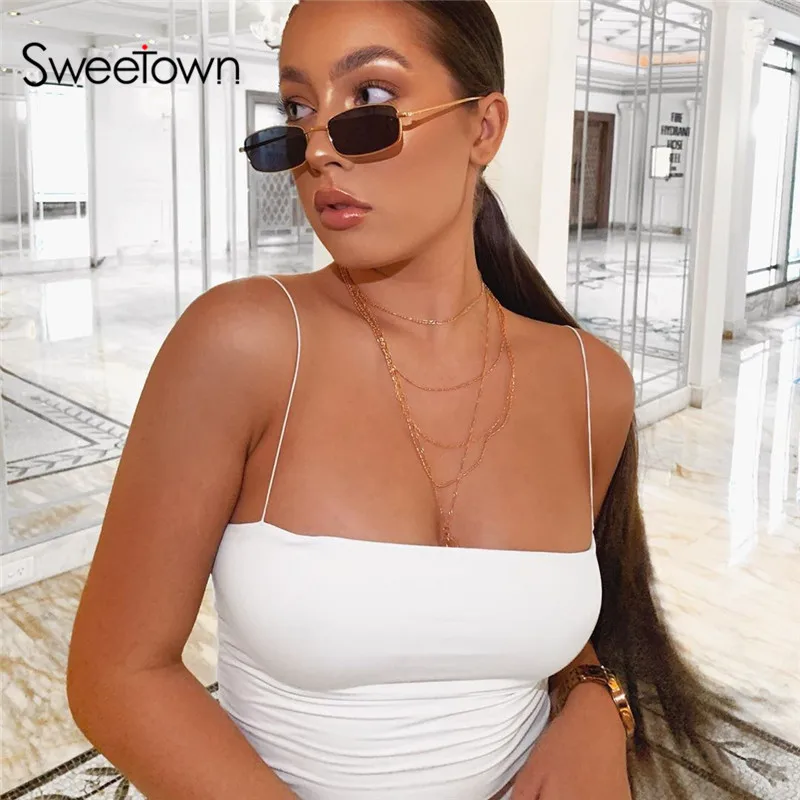 Sweetown Летний Модный укороченный Топ для женщин, Одноцветный тонкий сексуальный топ для фитнеса с открытыми плечами без бретелек, топ на бретельках, спортивная одежда