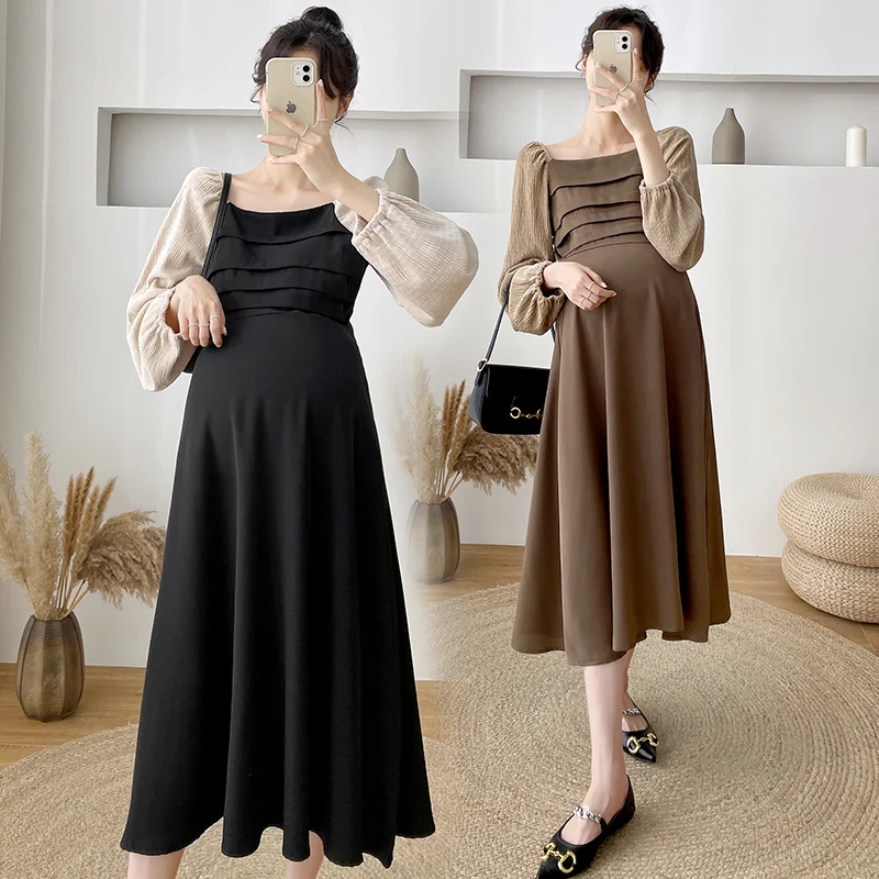 8935# 2022 Spring Korean Fashion Maternity Long Party Dress Elegant A Line Slim Clothes for Pregnant Women Pregnancy Chic Ins | Мать и