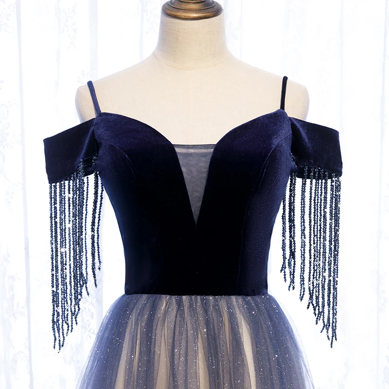 SSYFashion, новинка, элегантное вечернее платье для банкета, с вырезом лодочкой, градиентное, темно-синее, с бисером, с кисточками, Длинные вечерние платья