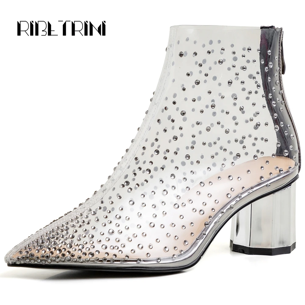 

RIBETRINI 2020 Spring New Ladies Brand Transparent Boots Pointed Toe Crystal Ankle Boots Women High Chunky Heel Shoes Woman