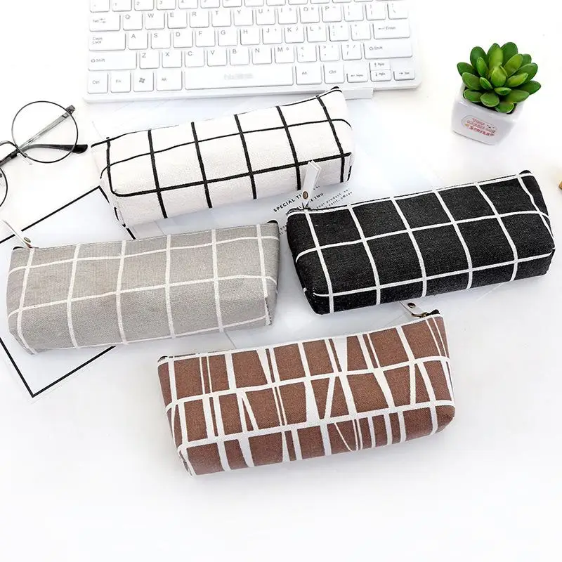 Canvas Geometric Pencil Bag Case School Simple Striped Grid Solid Color Cute Pencil Bag Case Pouch Office Students Kids Supplies pencil cases