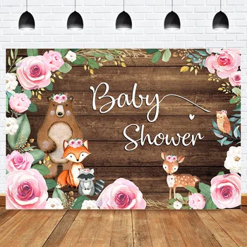 

Safari Animal Baby Shower Backdrop for Photography Woodland Flowers Wooden Background Fox Bear Deer Birthday Party Table Decor