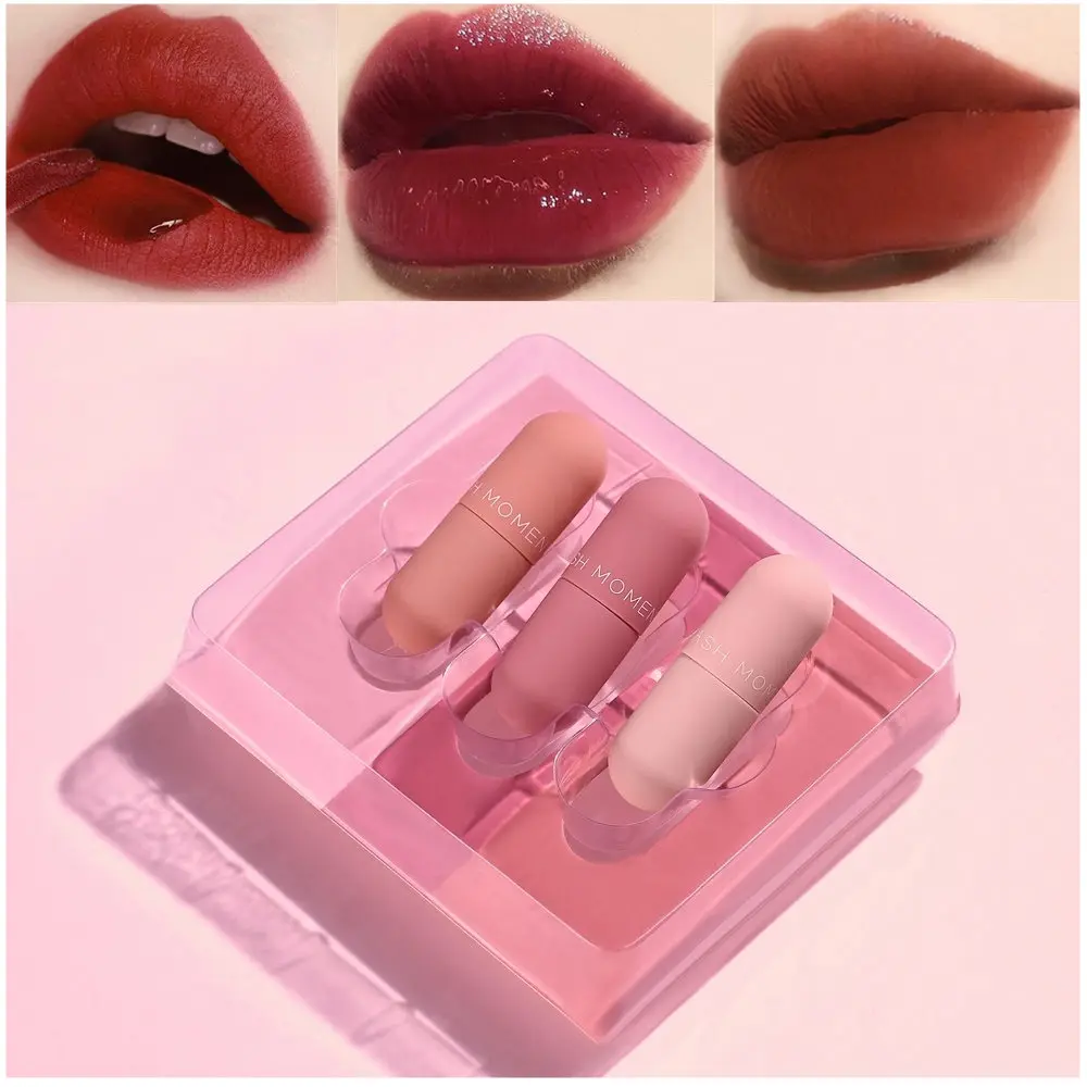 Pudaier 3 Pcs/set Matte Lip Gloss Tint Lips Makeup Moisturizer Liquid Matt Lipstick Long Lasting Nude Mat Red Brown Lipgloss Set