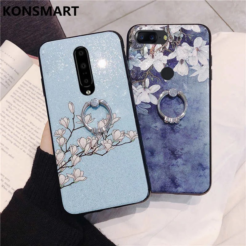 New Phone Case For Oneplus 7 7Pro 6 6T 5 5T Soft Silicone Flower Glitter With Finger Ring Back Cover Funda KONSMART |