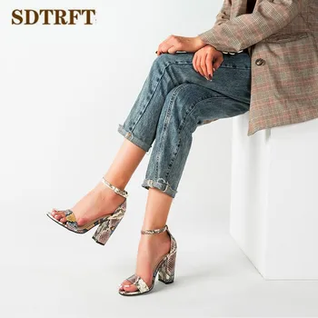 

SDTRFT Summer shoes woman Stiletto Party Pumps Fish Mouth Sandals 10cm Thick High Heels serpentine Sandalias De Salto Alto