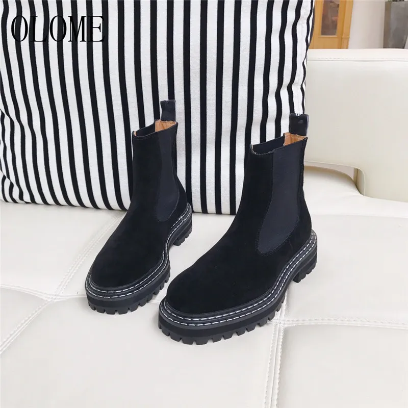 

OLOME New Black Genuine Leather Women Ankle Boots Round Toe Slip On Thick Low Heel Women Autumn Winter Boots Shoes Woman