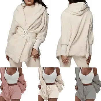

Women Fluffy Soft Pajama Sets Fleece Long Sleeve Nightwear Plush Hooded Coat+Shorts Set Comfortable Sleepwear 2PCS Set No Camis