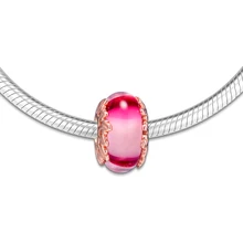 Подходит для Pandora шармы браслеты розового цвета муранского стекла и бусина в виде листьев стерлингового серебра 925 пробы ювелирные изделия