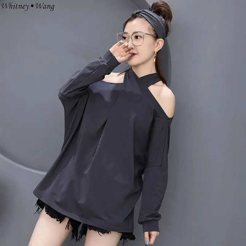 WHITNEY WANG Футболка женская Осенняя модная Уличная Сексуальная с открытыми плечами Холтер футболка женская футболка femme Топы