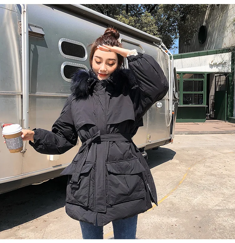 New Style Korean-style White Duck Down Jacket Women's Short-height Workwear Coat Genuine Fur Collar Income Belt Slimming