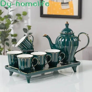 

Ceramic Coffee Tea Set Nordic Gold Emerald Bone China Teapot Cup High Foot Tray Home Afternoon Tea Tea Set Coffee Pot Cup Set