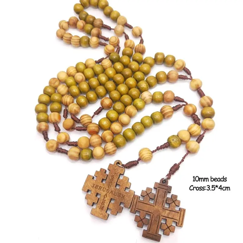 Jesus Wooden Prayer Beads 10mm Rosary Cross Necklace Pendant Woven Rope Chain Church Supplies Jewelry Accessories