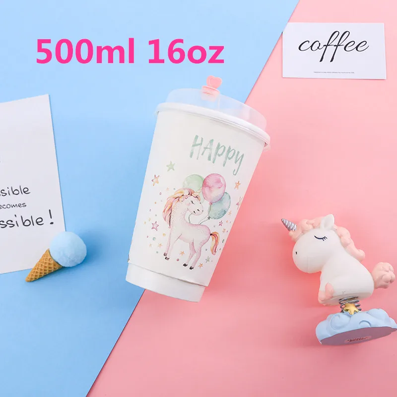 cup and lid 50 шт., высококачественный двухслойный плотный бумажный стаканчик с рисунком единорога, 400 мл, 500 мл, одноразовые стаканчики для кофе, чая, напитков, посылка с крышкой - Цвет: cup and lid
