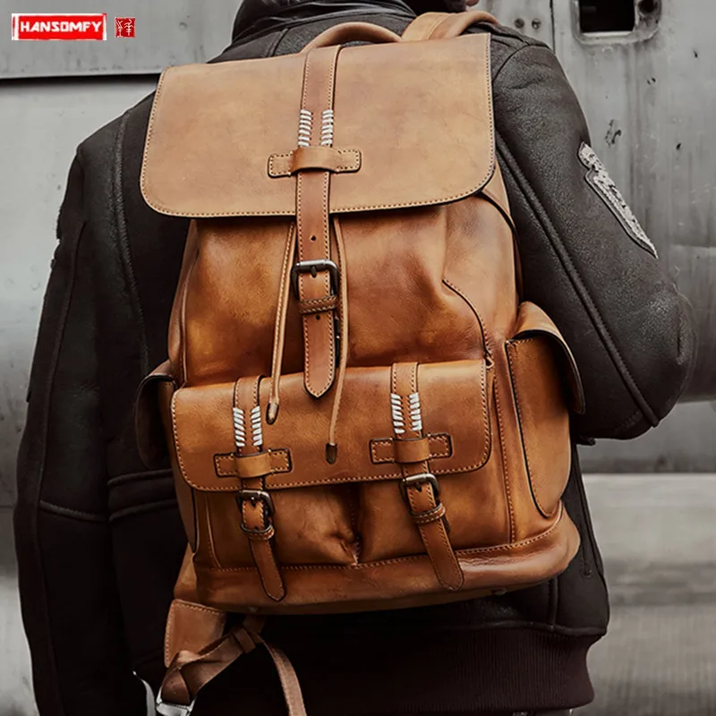 Mochila Vintage de cuero genuino para hombre, bolsa para ordenador portátil  de 14-15,6 pulgadas, de piel de vaca, de gran capacidad, estilo Retro -  AliExpress