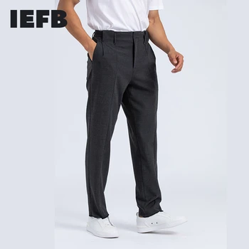 

IEFB men's clothing wrinkle resistant worsted wool mid seam pleated casual tapered trousers autumn winter new high quality pants