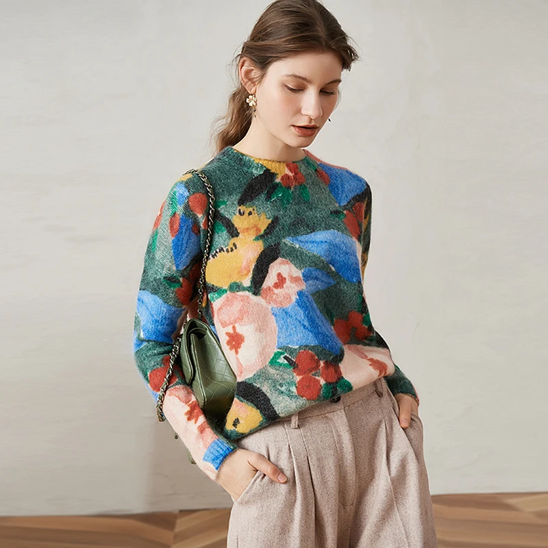 

Knitwear Women Wool Blended Pullovers Colorful Patchwork O-Neck Long Sleeves High Street Loose Top New Fashion Design