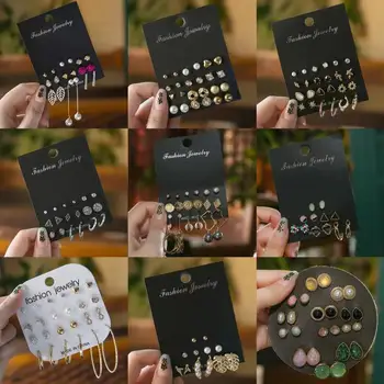 

12 Pair/set Women Stud Earrings Sets Crystals Heart Flower Mixed Fashion Stud Earring for Girls Female Matte Earrings Jewelry