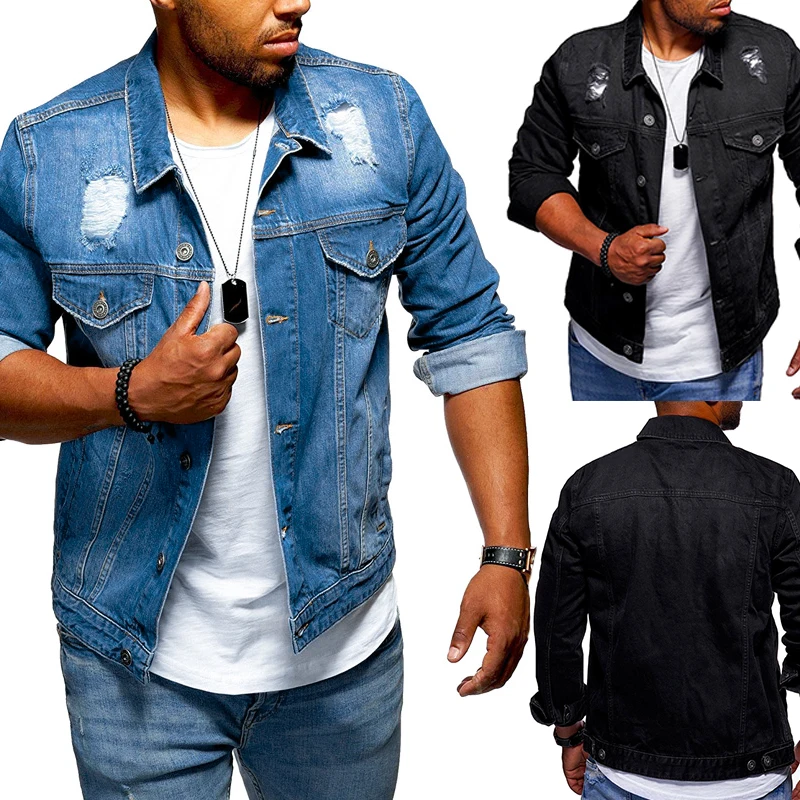 

New Casual Slim Mens Denim Jacket Destroyed Hole Taped Bomber Jacket Men High Quality Cowboy Mens Jean Jacket Chaqueta Hombre