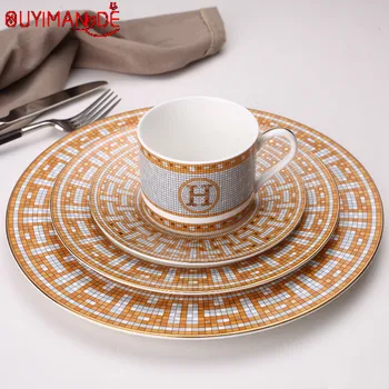

Ceramic Dinner Plates Geometric Pattern Ceramic Dish Dinner Plate Yellow Grid Dinnerware Set dessert plate dinnerware cake plate