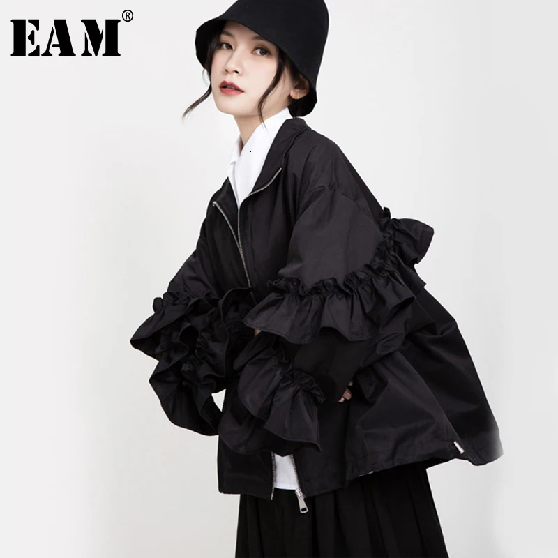 [EAM] Свободная Черная куртка с оборками большого размера, новинка, Женское пальто с отворотом и длинным рукавом, модное осенне-зимнее пальто 1B894
