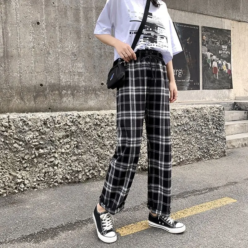 HOUZHOU Korean Style Wide Leg Pants Women Thin Summer Plaid Pants Plus Size Women Trousers Oversized Checkered Pants High Waist HOUZHOU Korean Style Wide Leg Pants Women Thin Summer Plaid Pants Plus Size Women Trousers Oversized Checkered Pants High Waist