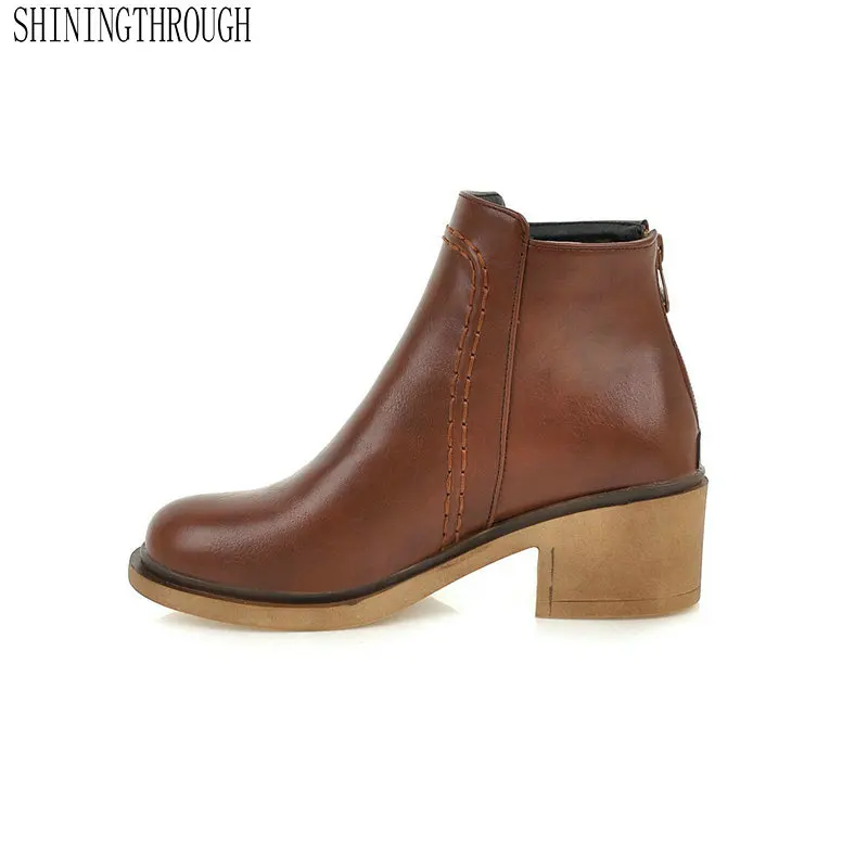 

2020 Women Ankle Boots Fashion Zipper Pu Leather Square High Heel All Match Spring and Autumn Ladies Boots Size 34-43