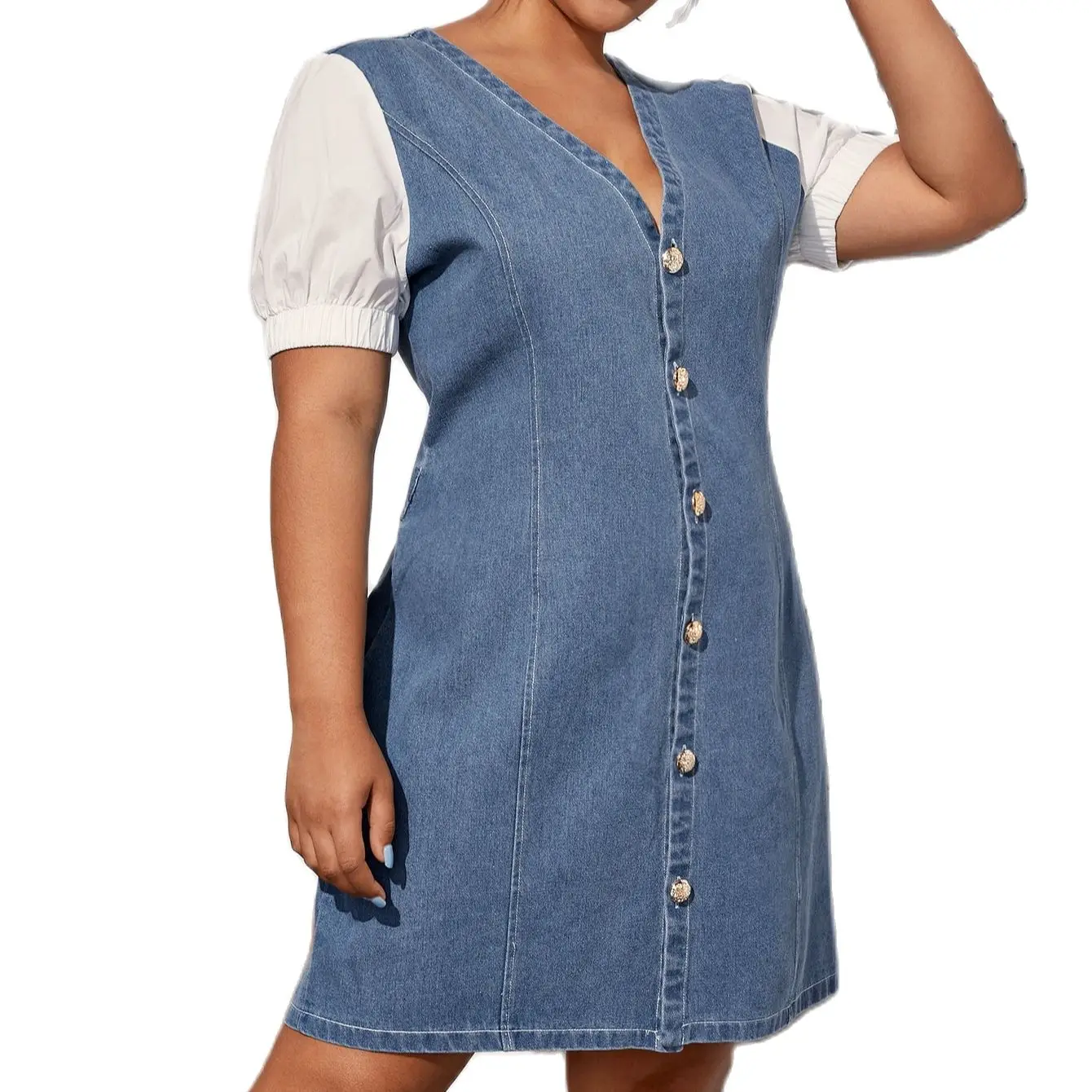 Vestido de Verão Vintage Manga Curta Sopro Botões Denim Vestido Feminino Sexy Gola Quadrada Moda Casual Festa Vestidos Femininos 3 High Quality Moda Feminina