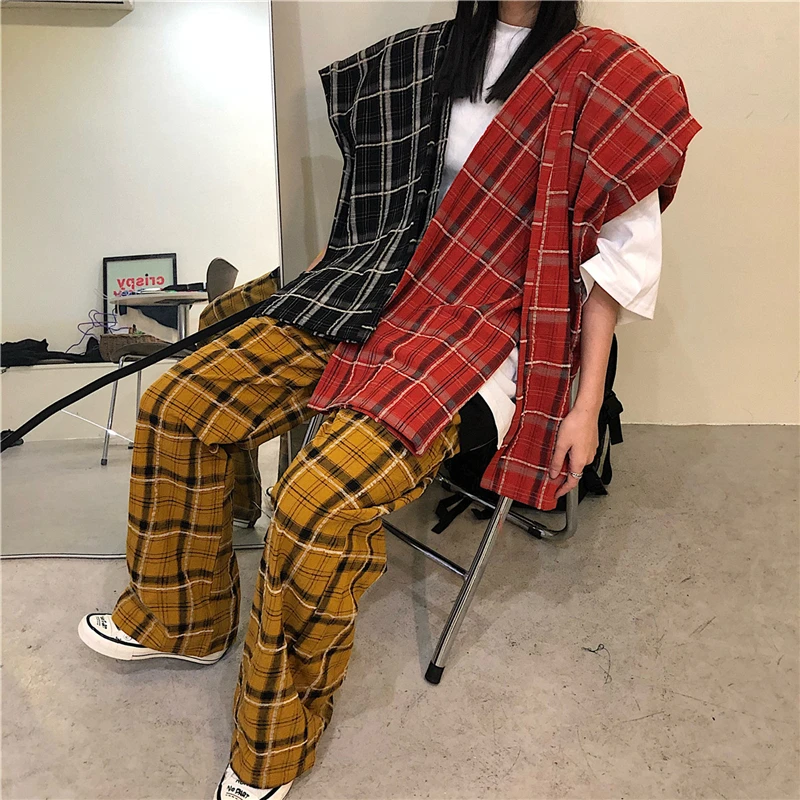 

2020 Summer Plaid Pants Female Ins Tide Korean Loose Loose Thin Straight Women Pants Casual Drape Wide-leg Couple Long Pants