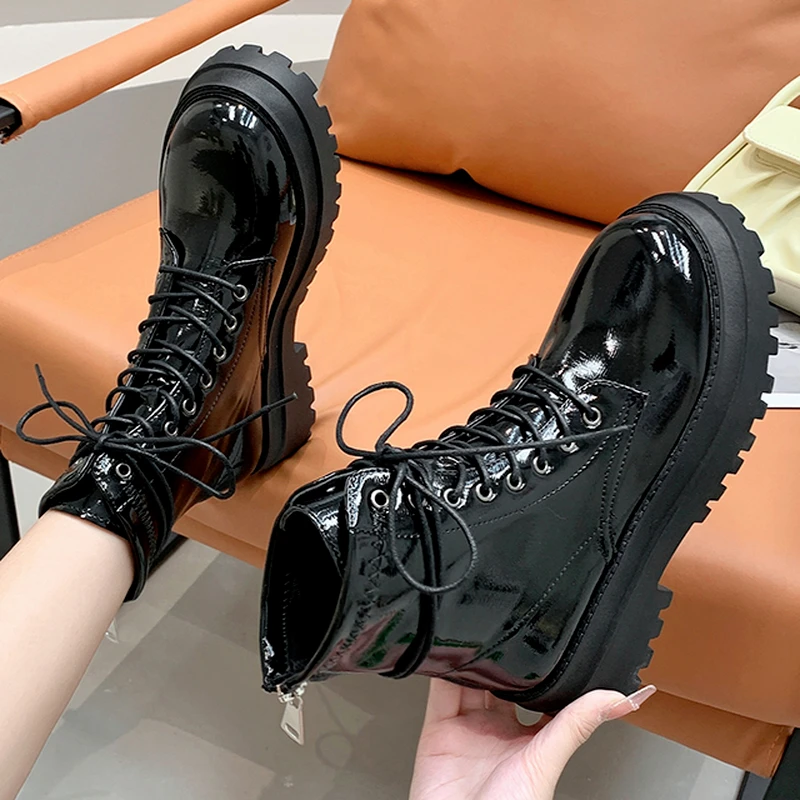 Botas de charol con punta redonda para Mujer, Botines con plataforma de cuero PU, botas gruesas de moto con lazo cruzado, 2021|Botas hasta el tobillo| - AliExpress