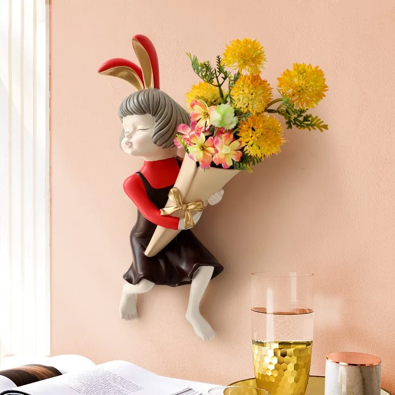 

Cute Girl Wall Decorative Flowers Vase Nordic Stye Room Decor Dried Flowers For Decoration Living Room Accessories