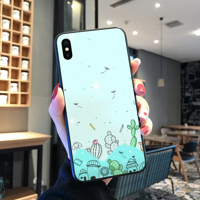 Kartun Kaktus Lembut Hitam untuk iPhone 8 7 6 6S Plus X XS MAX 5 5S SE XR 11 11pro Promax Ponsel