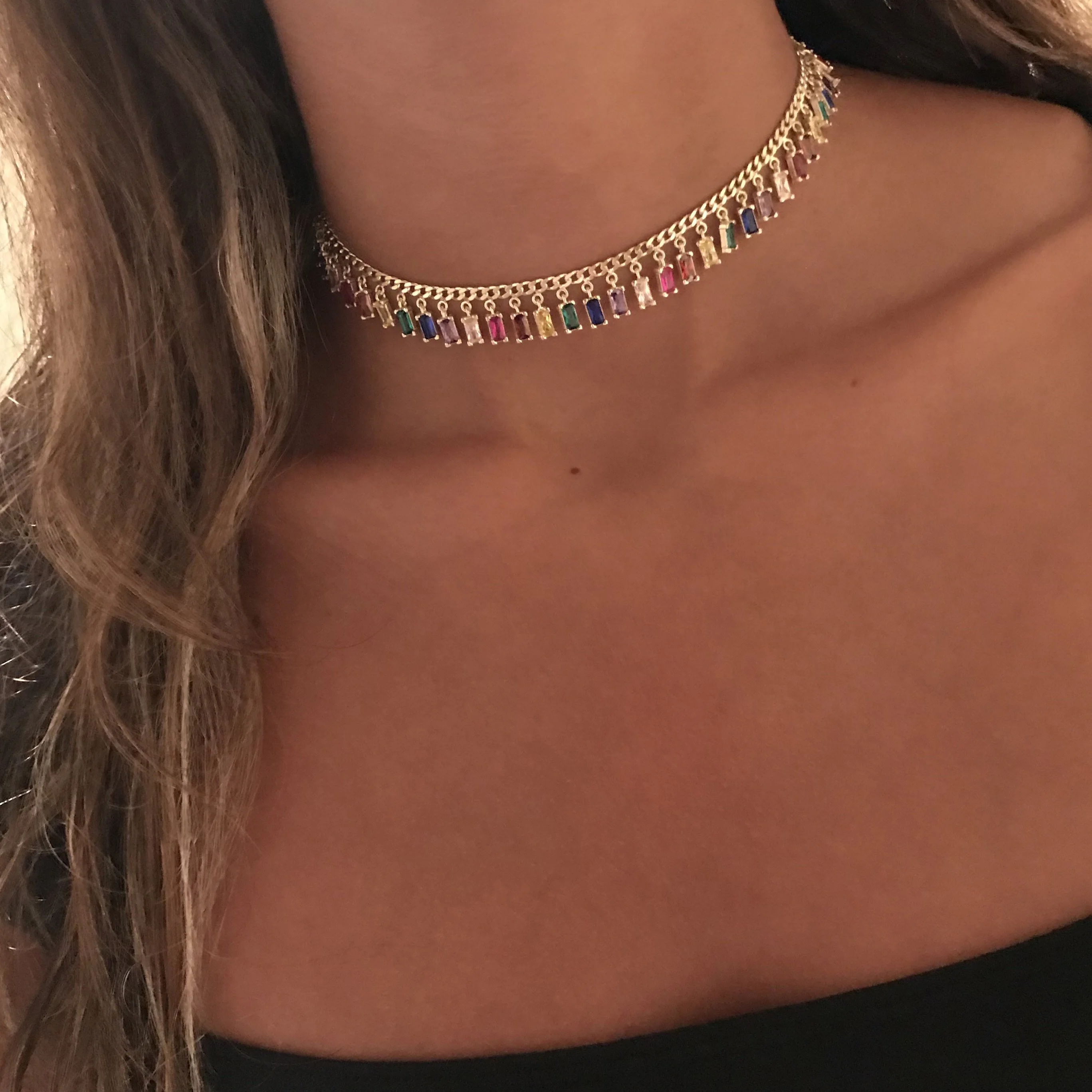 

2019 Gold filled colourful baguette rainbow CZ choker charm necklace for women lady party gift trendy gorgeous elegance jewelry